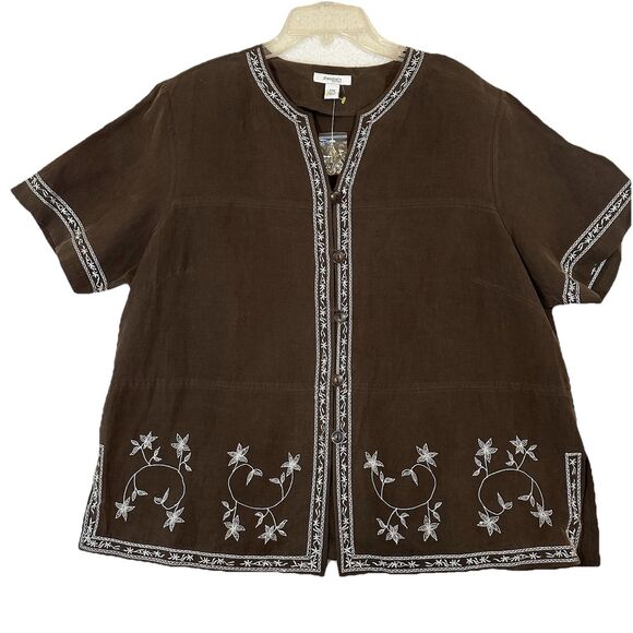 dressbarn Women Button Up Shirt Size 20W Brown Silk Linen Floral Embroidery Boho - Picture 2 of 13